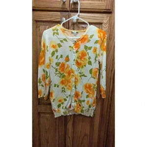 Women's yellow floral cardigan 3/4 length sleeves by Issac Mizrahi Live! size XS